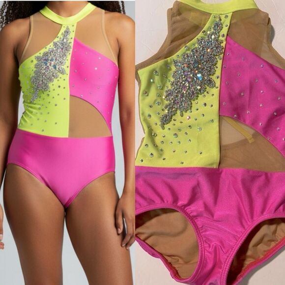 Patrick J Other - Patrick J dance custom Solo neon pink yellow gravity leotard bedazzled LC child
